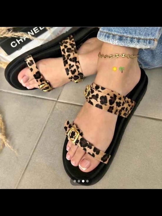 Shoes - Leopard Print Buckle Strap Women's Sandals - Black Sole